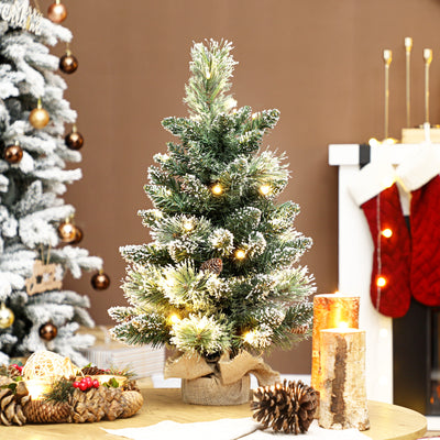 Sapin de Noël artificiel 60 cm, mini arbre de Noël de table floqué avec 35 LED, pommes de pin, fonctionne à piles, vert