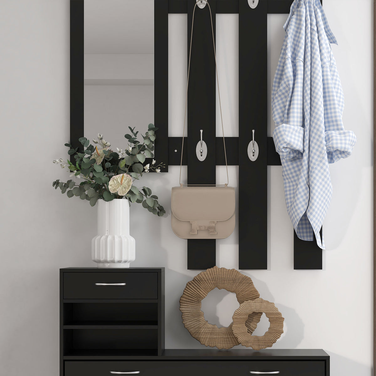 Ensembles 3 en 1 de meuble d'entrée vestiaire avec panneau porte-manteau, miroir et banc à chaussures noir