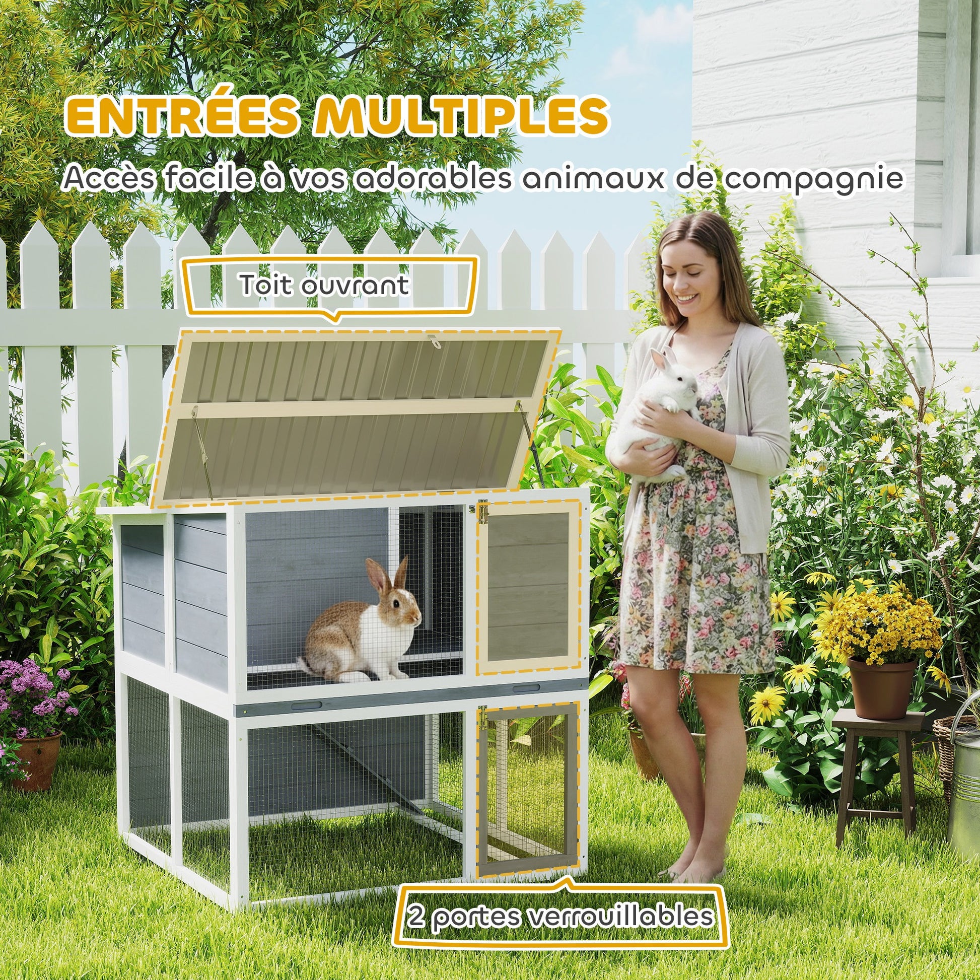 Clapier lapin extérieur cage à lapin 2 étages spacieux toit double ouverture plateau amovible 98x95x102,5cm gris