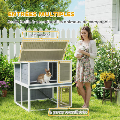 Clapier lapin extérieur cage à lapin 2 étages spacieux toit double ouverture plateau amovible 98x95x102,5cm gris