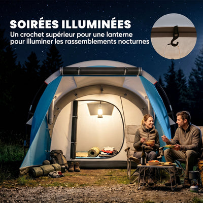 Tente de camping familiale 3 personnes, tente tunnel imperméable, 2 portes fenêtres, ventilée 4,6 x 2,6 x 1,9 m, bleu