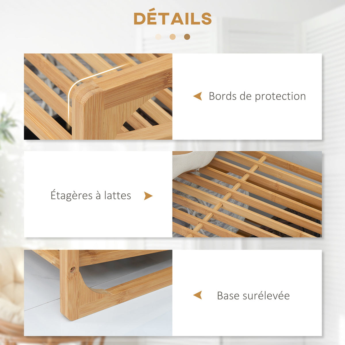 Étagère à chaussures à 3 niveaux porte-chaussures en bambou 9 paires de chaussures 76 x 33 x 51 cm naturel
