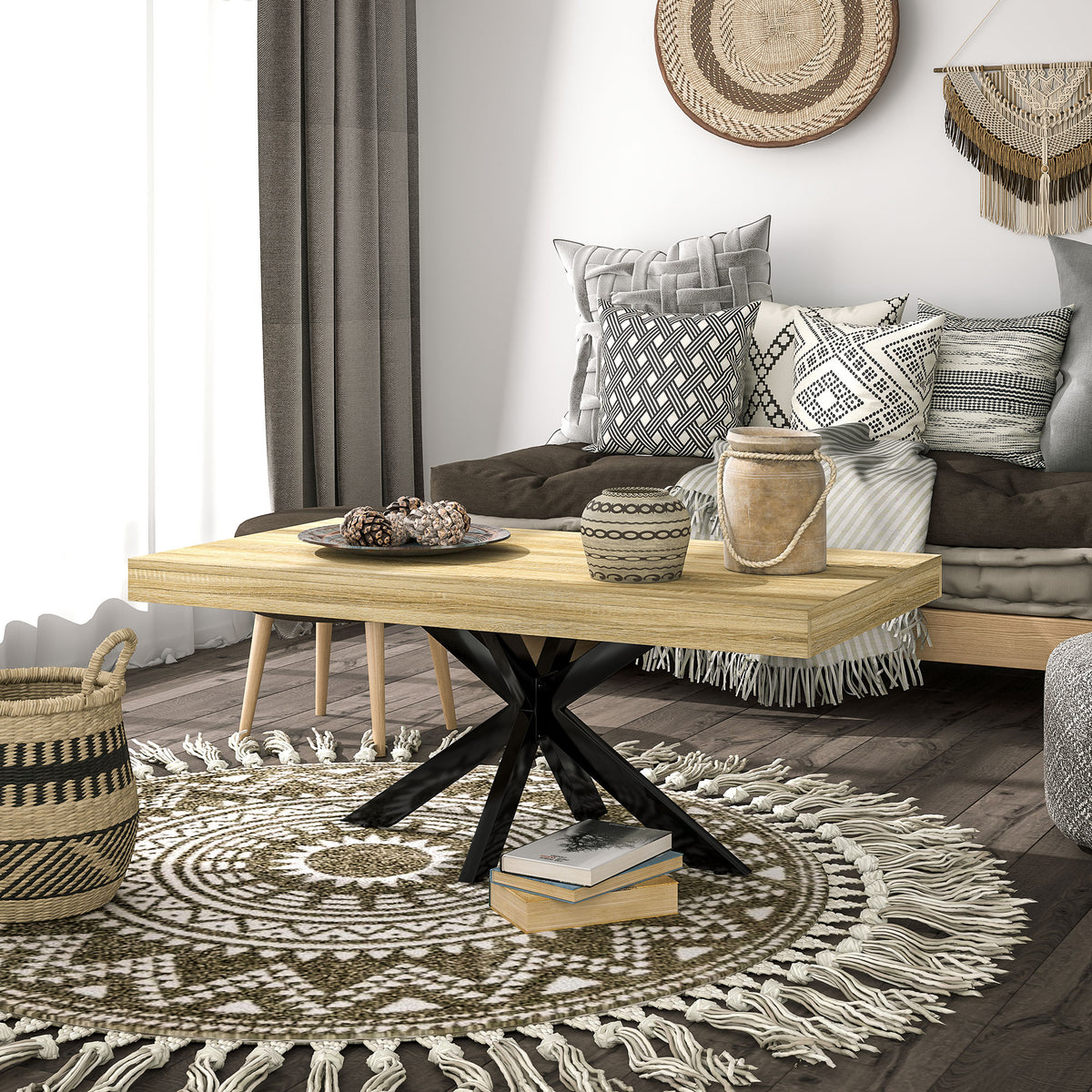 Table Basse rectangulaire table d'appoint Style Industriel en métal Noir et Plateau aspect Bois - dim. 110 x 60 x 45cm