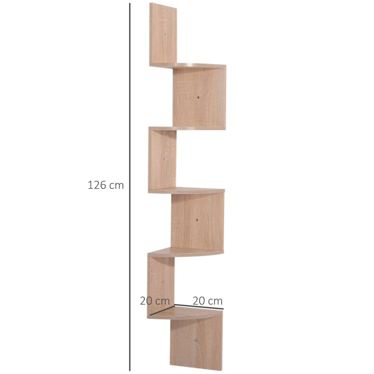 Étagère d'angle Murale de Rangement Forme Zigzag 20L x 20l x 126H cm 5 Niveaux Bois chêne Clair