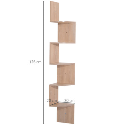Étagère d'angle Murale de Rangement Forme Zigzag 20L x 20l x 126H cm 5 Niveaux Bois chêne Clair