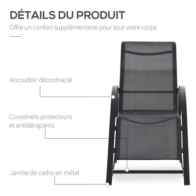 Lot de 2 bains de soleil chaise longue design contemporain table basse plateau verre trempé métal époxy textilène noir