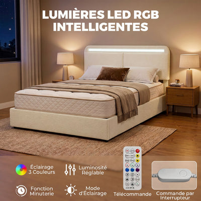 Lit Coffre 160 x 200 cm, LED RGB, Tête Réglable, Cadre de Lit Double Rembourré Velours, Rangement Hydraulique, Crème