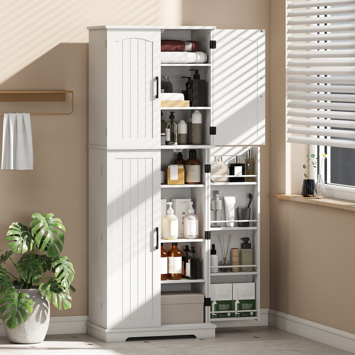 Buffet haut cuisine, armoire de cuisine, 4 portes, 10 niches, 8 porte-épices et étagères réglables, 60x35x162cm, blanc