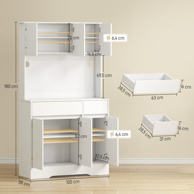 Buffet cuisine meuble cuisine rangement haut avec lumière LED RGB, plan de travail, 6 portes, 2 tiroirs, blanc