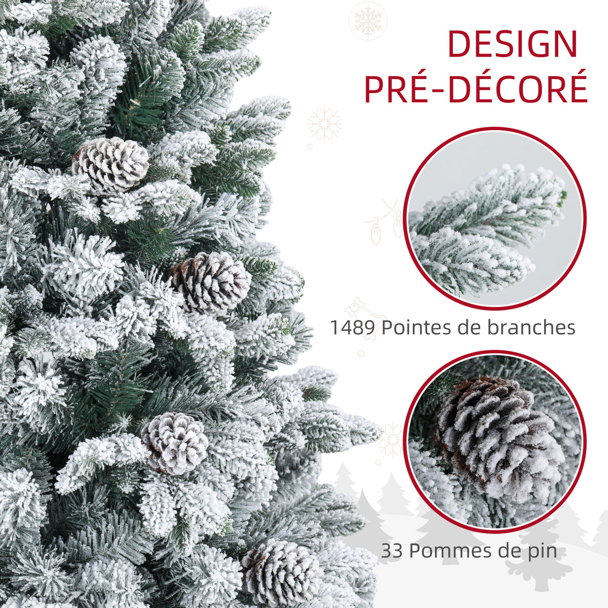 Sapin de Noël artificiel 180 cm Arbre de Noël avec support en métal 1489 branches enneigées, pommes de pin, vert