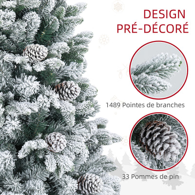 Sapin de Noël artificiel 180 cm Arbre de Noël avec support en métal 1489 branches enneigées, pommes de pin, vert