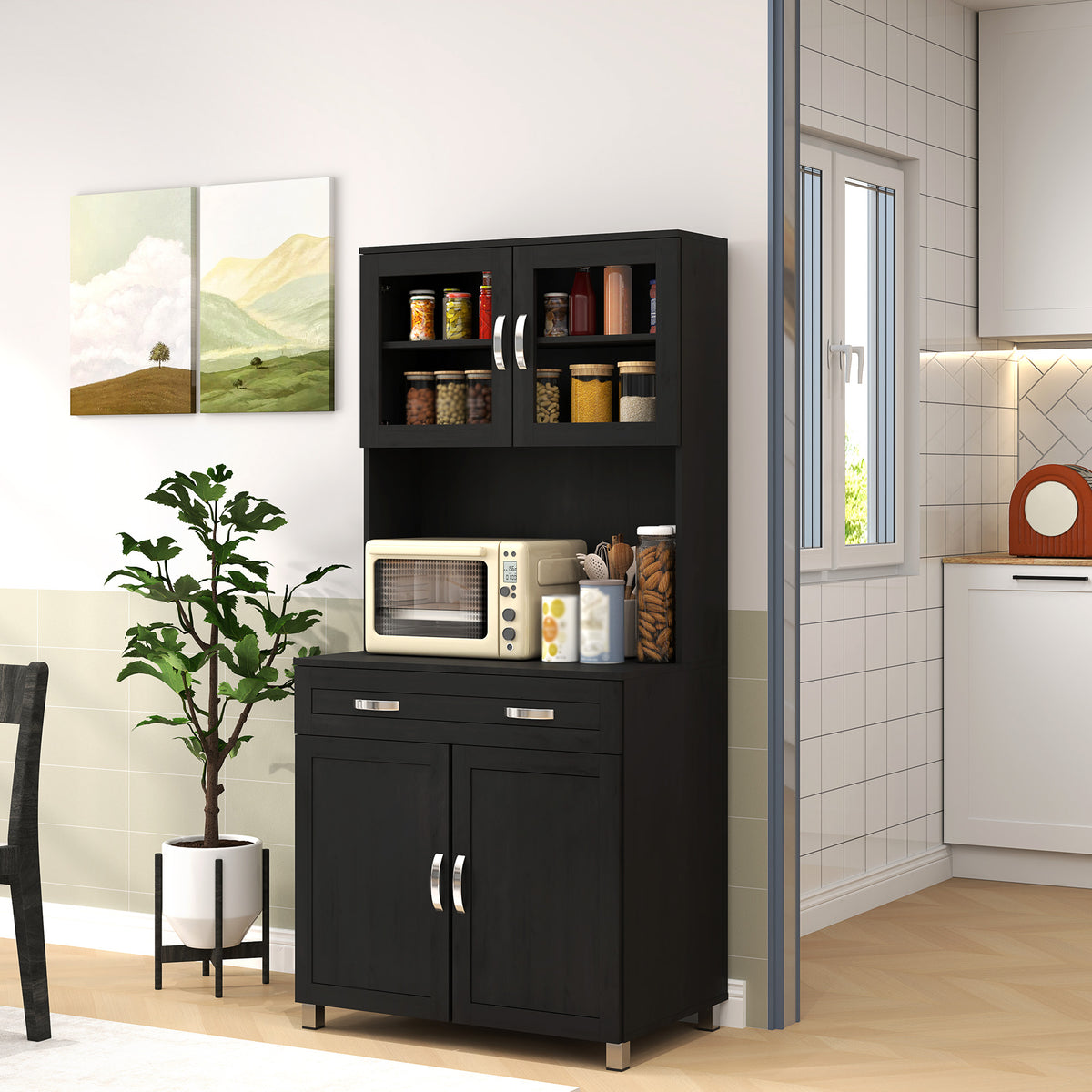Buffet haut cuisine, armoire de cuisine avec 4 portes, tiroir, plan de travail, étagères réglables, 80x48x170cm, noir