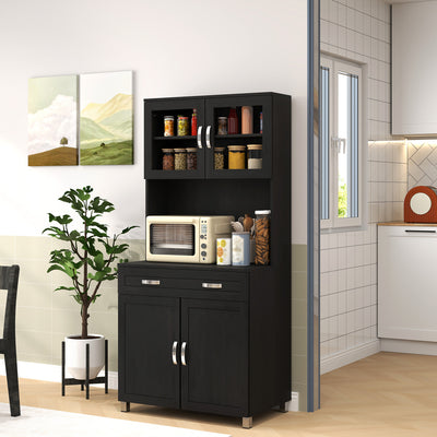 Buffet haut cuisine, armoire de cuisine avec 4 portes, tiroir, plan de travail, étagères réglables, 80x48x170cm, noir