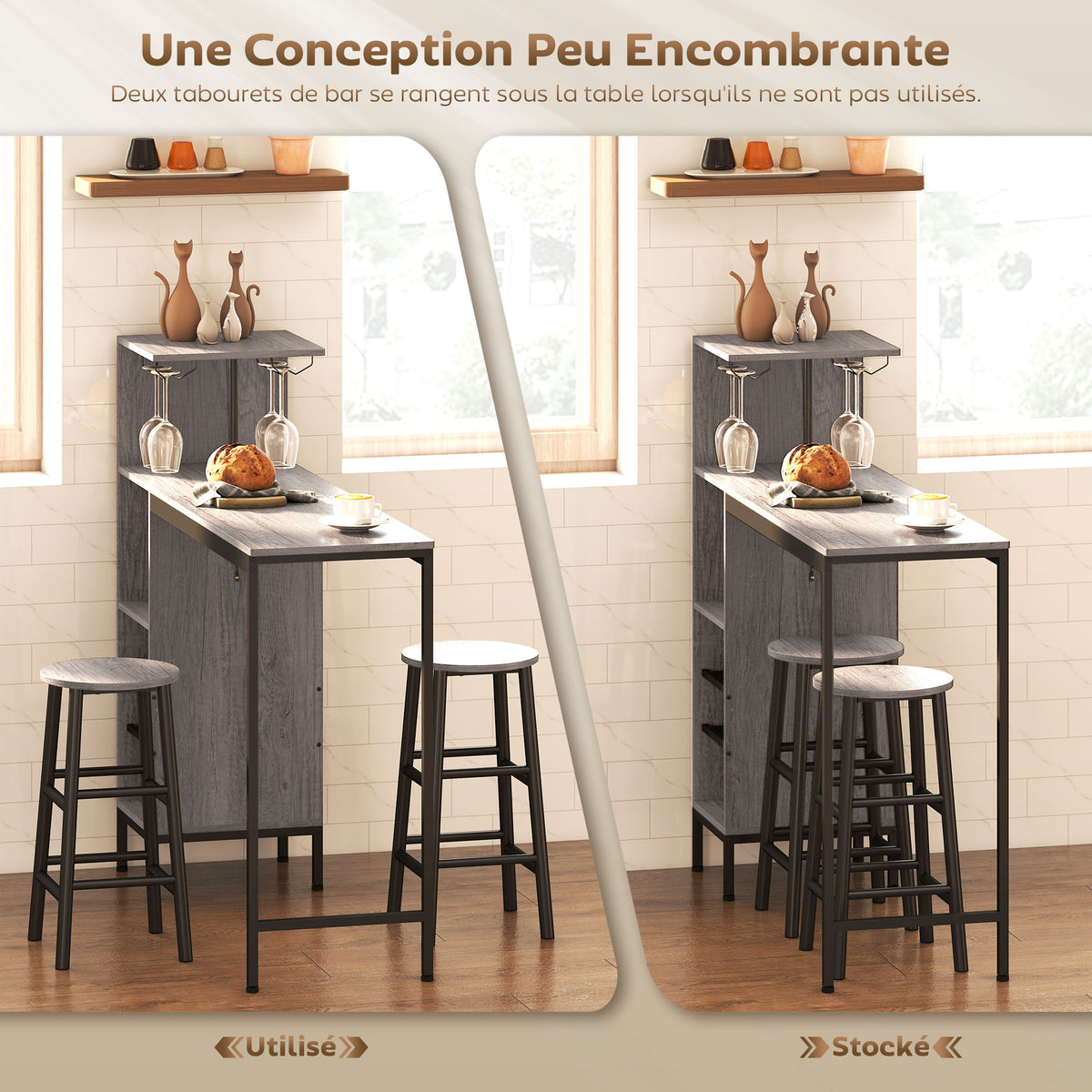 Ensemble table de bar avec tabourets, table à manger debout avec 2 chaises de bar étagères, casiers à vin, bois naturel