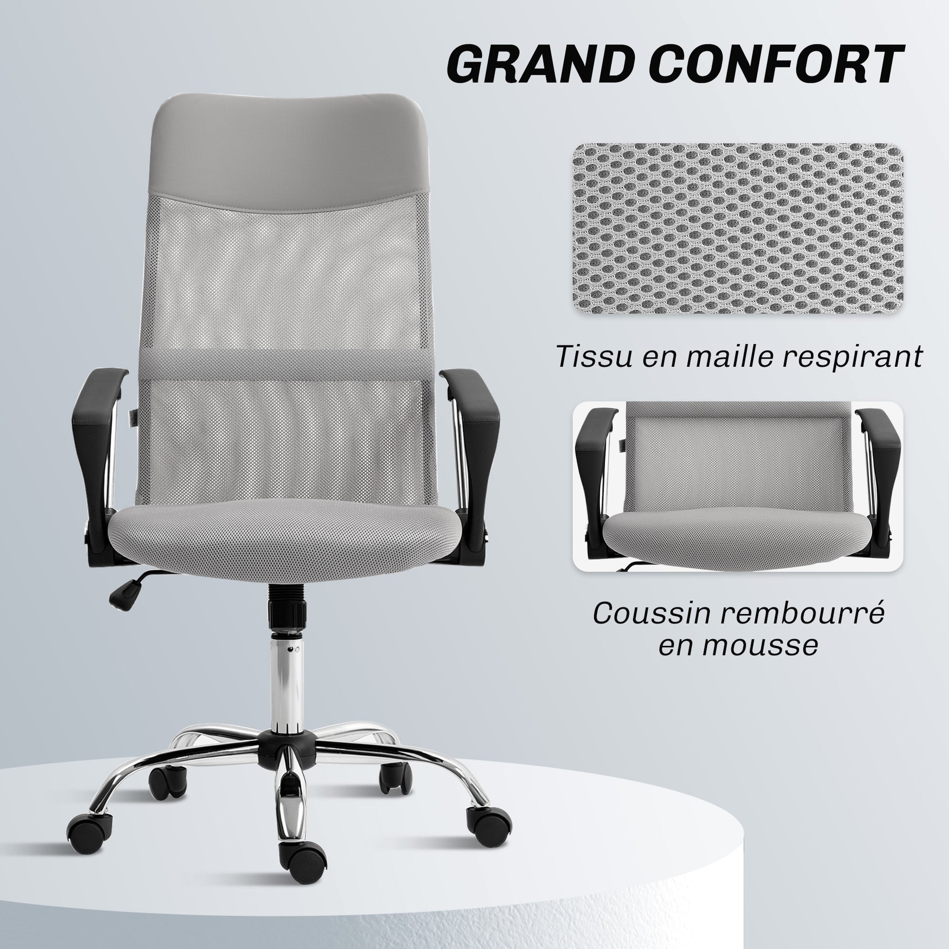 Fauteuil de bureau manager dossier ergonomique hauteur assise réglable pivotant tissu maille 63x65x119109-119cm gris