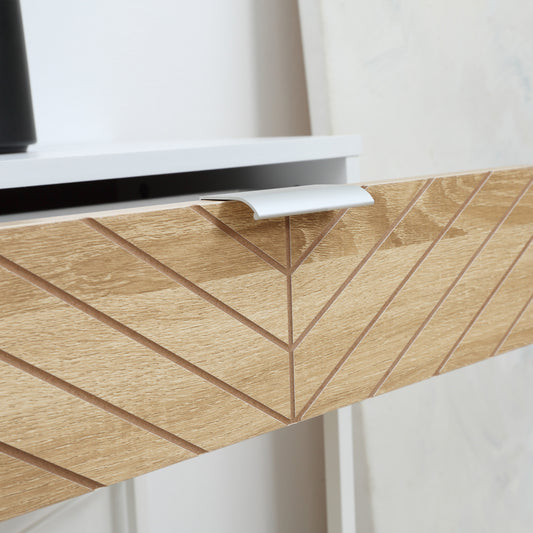 Table Console Industriel 2 tiroirs Aspect Bois de chêne sculpté Motif à Chevrons piètement métal Blanc