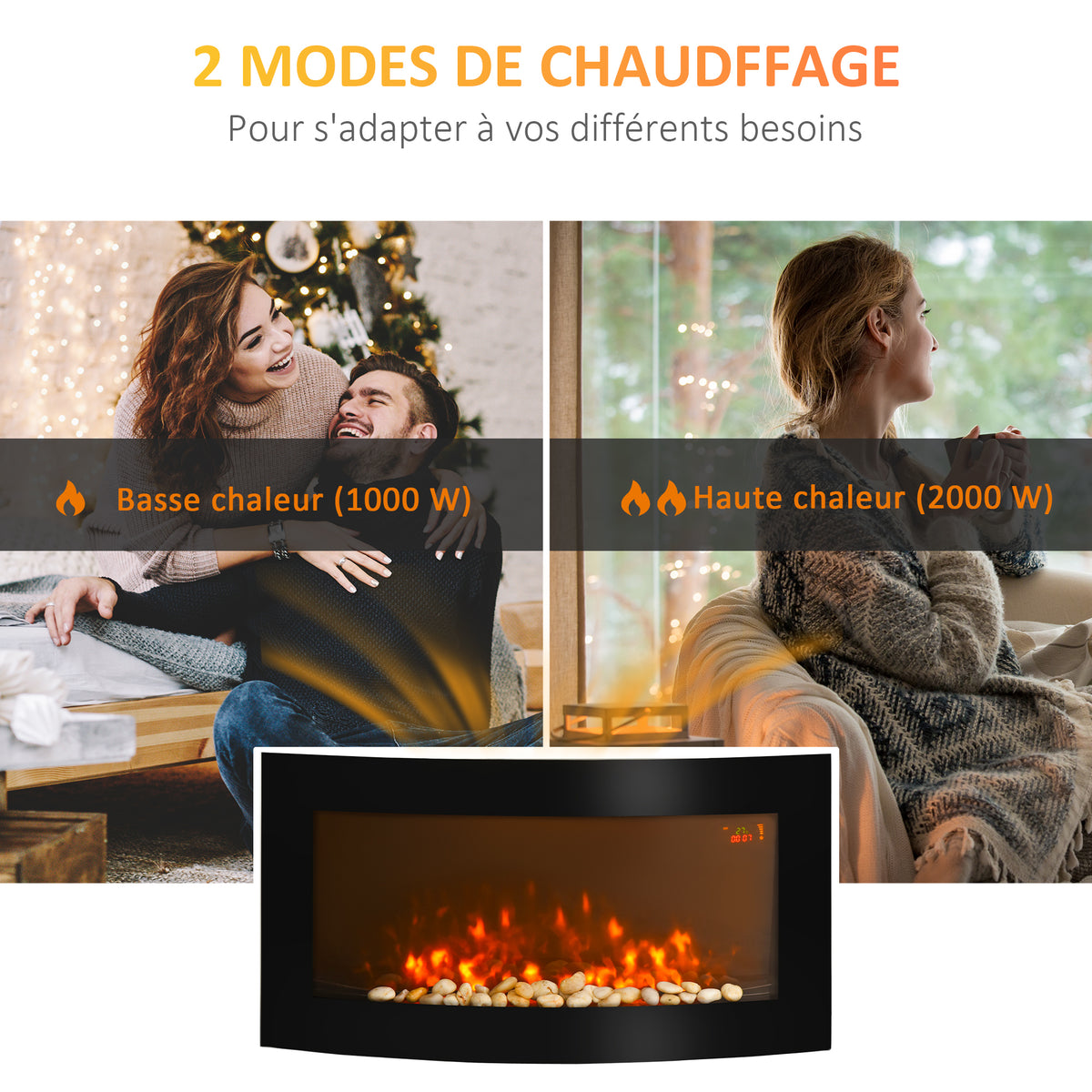 Cheminée électrique Murale éclairages latéraux LED Design Avant-gardiste Affichage LED avec télécommande et minuterie 1000/2000 W luminosité réglable Noir