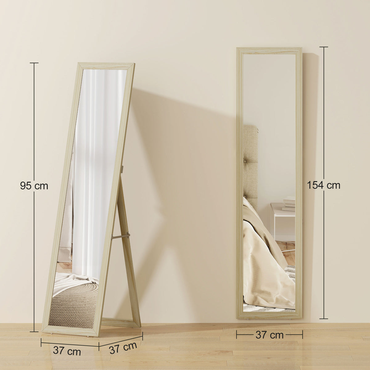 Miroir sur Pied et Mural rectangulaire miroir de sol Pleine Longueur Dressing Chambre salon 37x37x154cm bois naturel