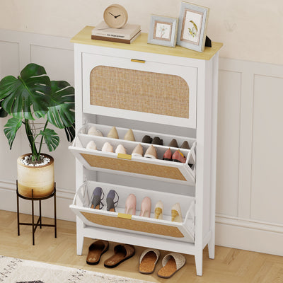 Meuble à chaussures 21 paires bohème avec 3 tiroirs rabattables, portes effet cannage rotin, 80 x 24 x 131 cm, blanc