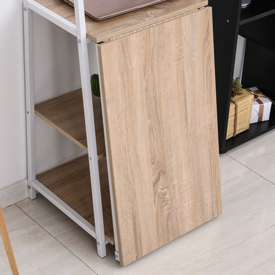 Bureau Pliable Rabattable - Bureau bibliothèque 2 en 1-4 étagères - Imitation Bois chêne Clair métal Blanc