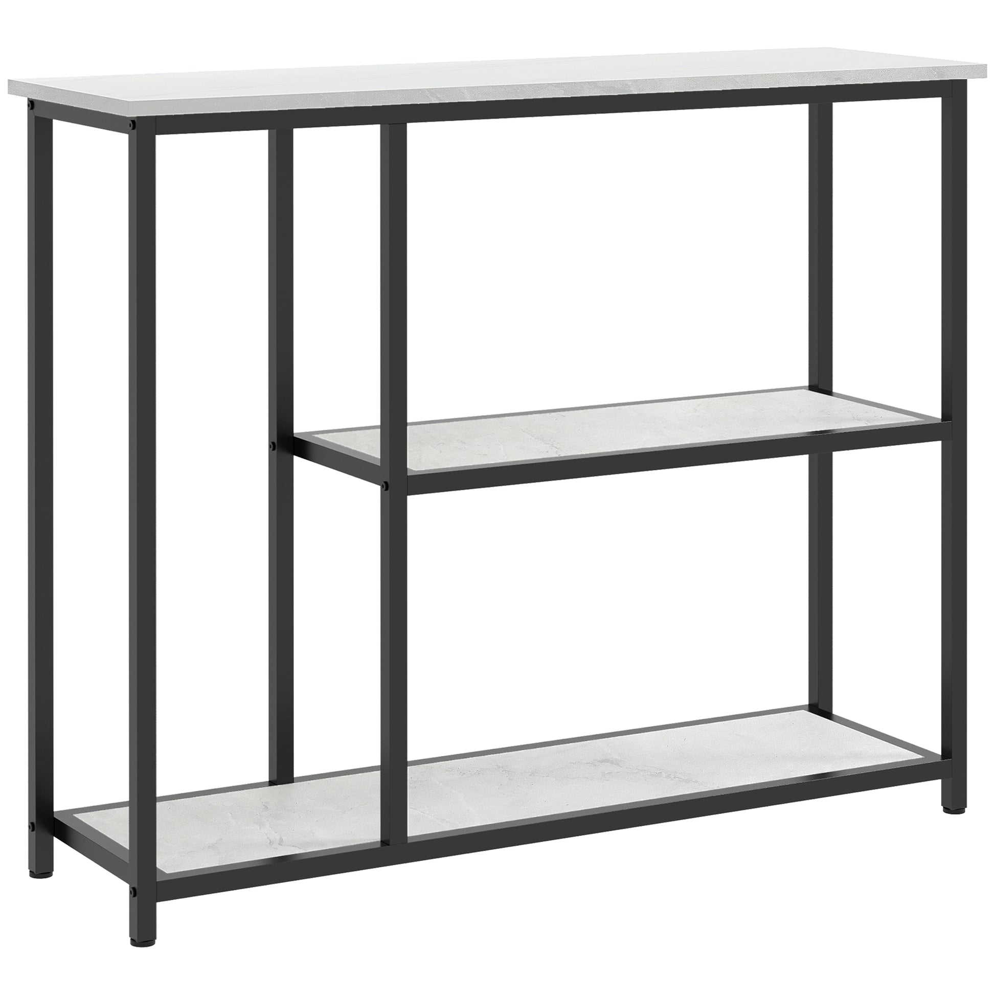 Console meuble 100 cm, table console 3 niveaux, plateaux en effet marbre, cadre en acier, blanc