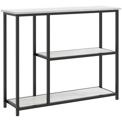 Console meuble 100 cm, table console 3 niveaux, plateaux en effet marbre, cadre en acier, blanc