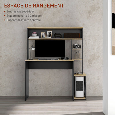 Bureau multi-rangements avec étagères, support pour unité centrale, grand bureau, 114L x 45l x 138H cm