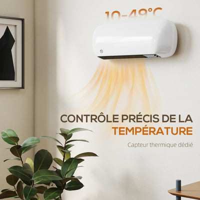 Chauffage mural en céramique 1000/2000W, radiateur électrique, ventilateur, thermostat, minuterie, 50x19x14cm, blanc