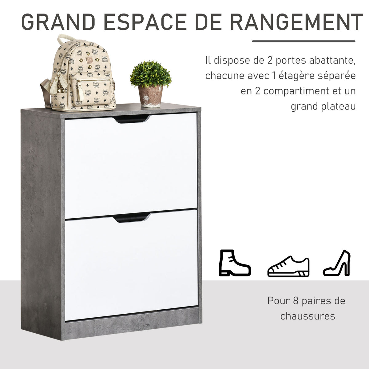 Meuble à chaussures meuble d'entrée placard de rangement, 2 portes abattantes, 62,5 x 26 x 81 cm, gris et blanc