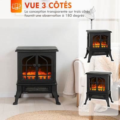 Cheminée électrique avec effet flamme 3D, 1800/900 W, fausse cheminée décorative, thermostat réglable, 39x24x48cm, noir
