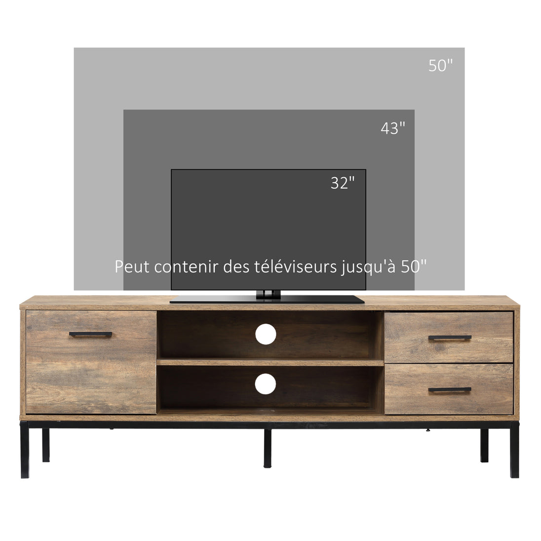 Meuble TV banc TV jusqu'à 50 pouces placard, 2 tiroirs et étagère - 2 passe-câbles - 132 x 39 x 45,5 cm marron noir Aosom