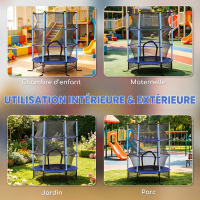 Trampoline Enfant Ø 1,63 × 1,9H m Filet de sécurité Porte zipée Couvre-Ressorts 6 poteaux rembourrés Inclus Bleu
