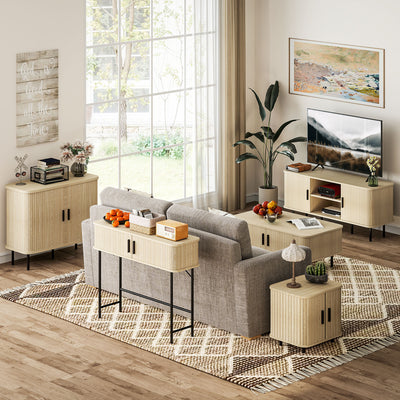 Console meuble, table console avec portes coulissantes à lattes et pieds en acier, pour salon, chêne et noir