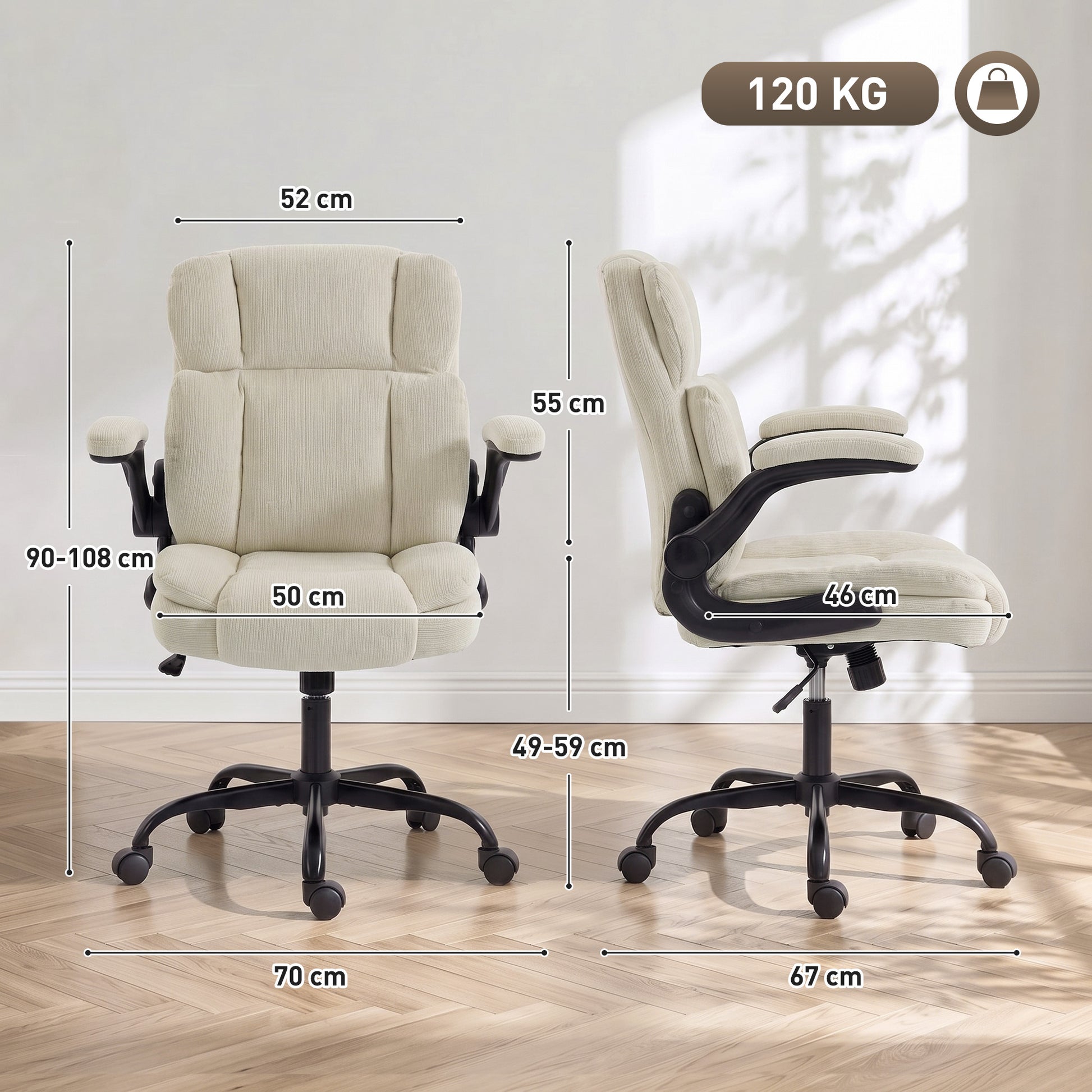 Chaise de Bureau Ergonomique en Chenille, Fonction Bascule, Accoudoirs Relevables, Hauteur Réglable, 70x67x108cm, Beige