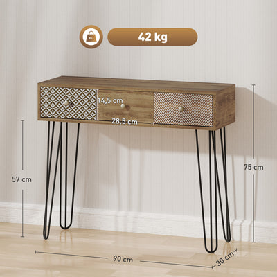 Table console avec 3 tiroirs, table d'entrée étroite avec pieds en épingle à cheveux en acier, 90 x 30 x 75 cm, marron