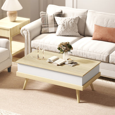 Table Basse Relevable avec 3 Compartiments Cachés, Table de Salon Moderne, Pieds en Bois, 100x79x54cm, Naturel Blanc