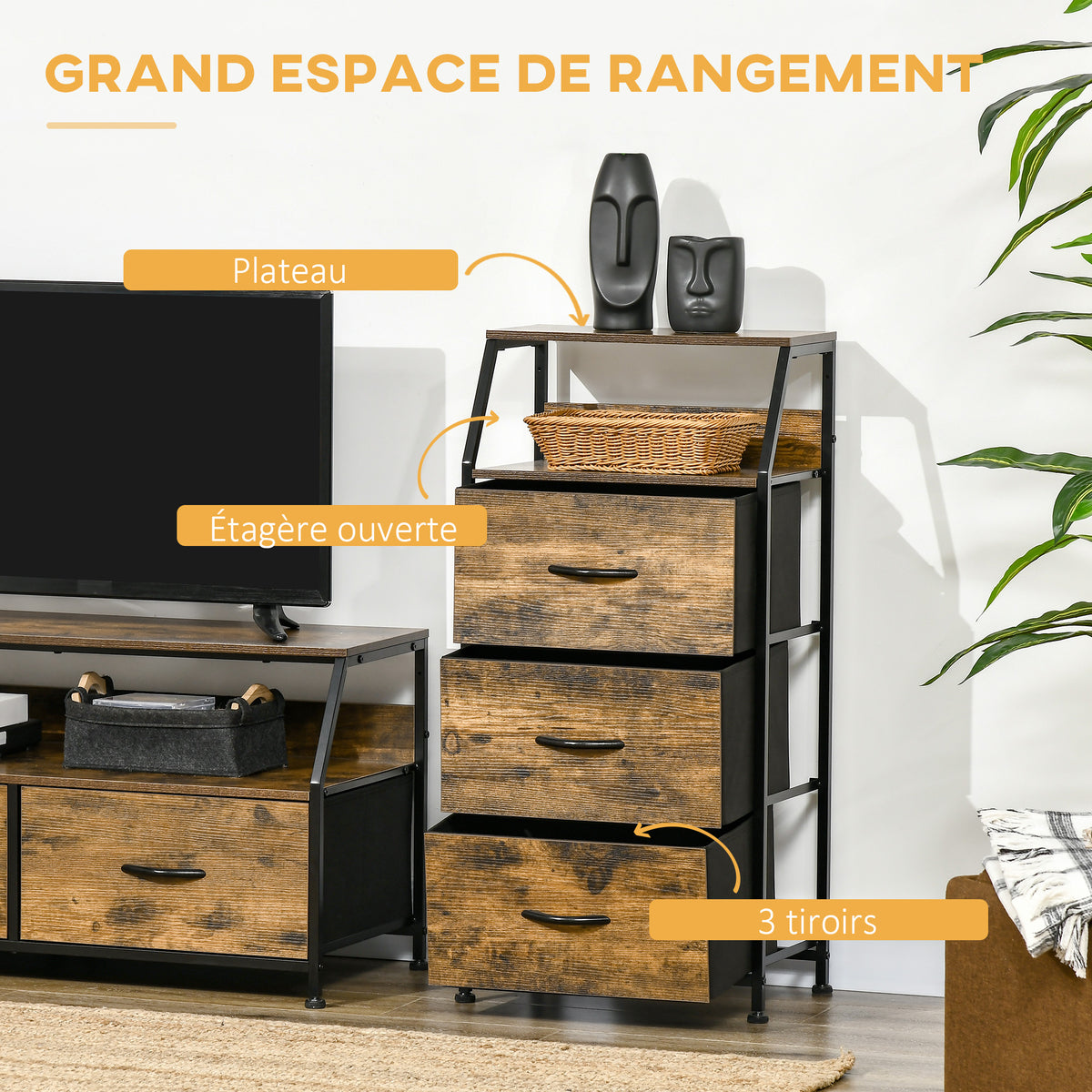 Meuble de rangement style industriel commode 3 tiroirs en tissu amovibles et 2 étagères - 44 x 29 x 92 cm - bois et métal