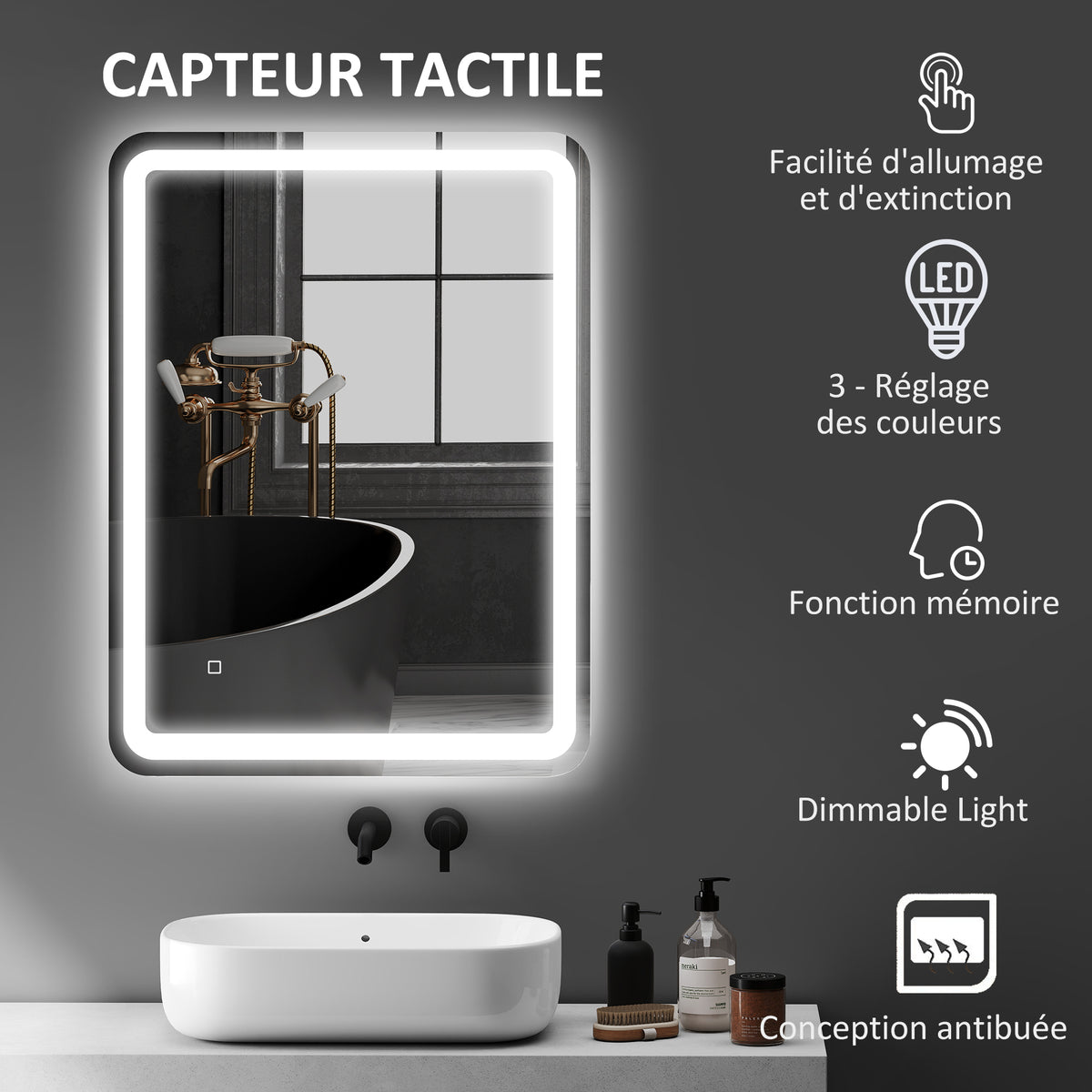 Miroir de salle de bain 60 x 80 cm, miroir LED mural avec 3 couleurs lumière, dimmable, mémoire, anti-buée, argent