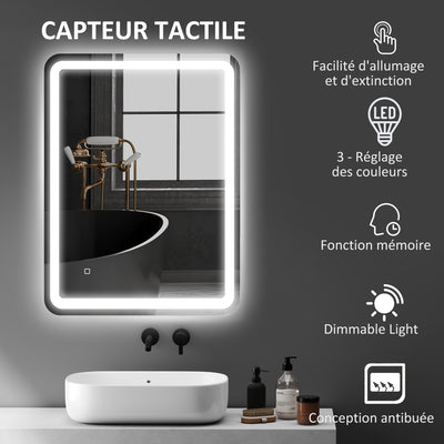Miroir de salle de bain 60 x 80 cm, miroir LED mural avec 3 couleurs lumière, dimmable, mémoire, anti-buée, argent