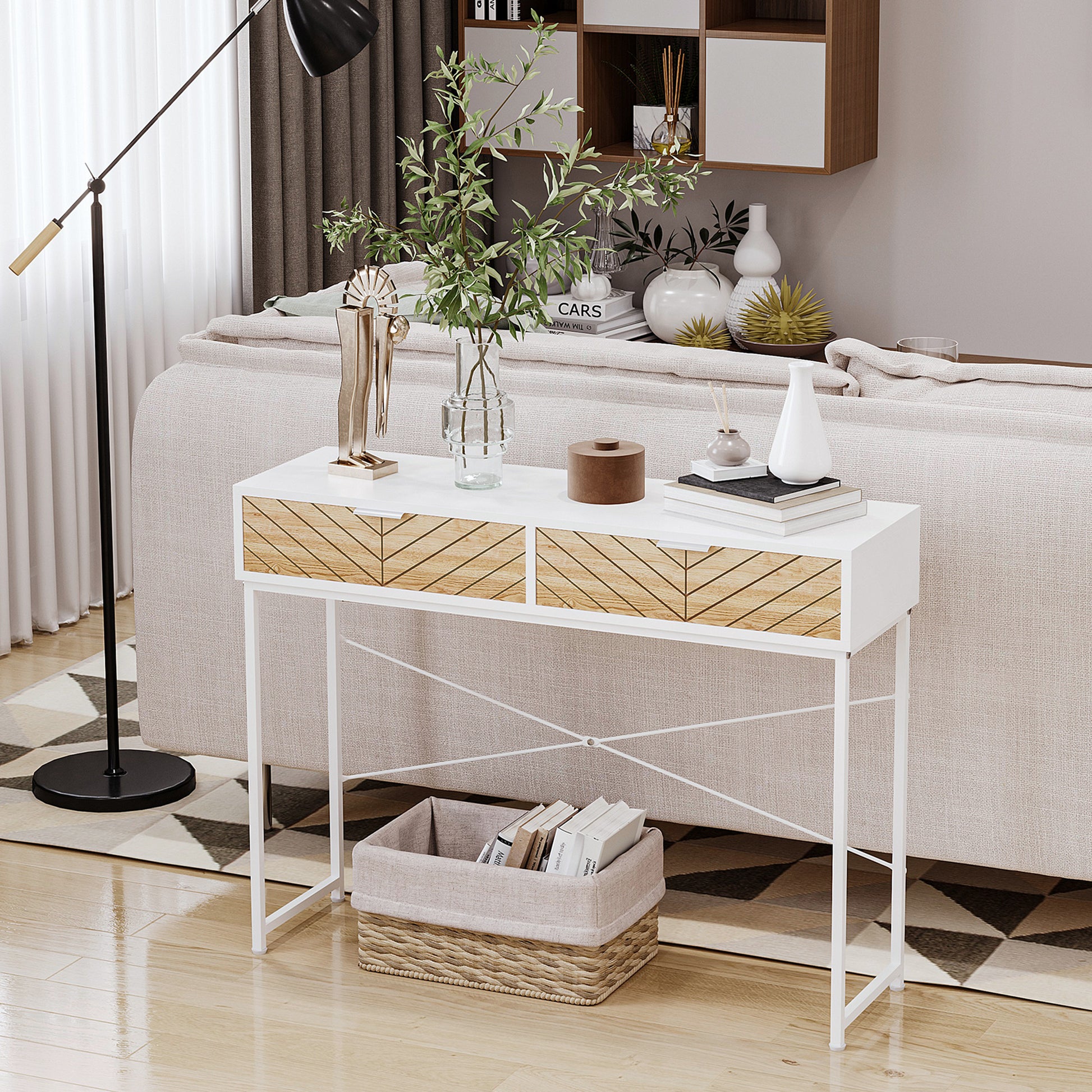 Table Console Industriel 2 tiroirs Aspect Bois de chêne sculpté Motif à Chevrons piètement métal Blanc
