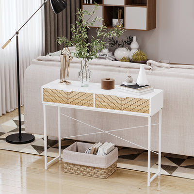 Table Console Industriel 2 tiroirs Aspect Bois de chêne sculpté Motif à Chevrons piètement métal Blanc