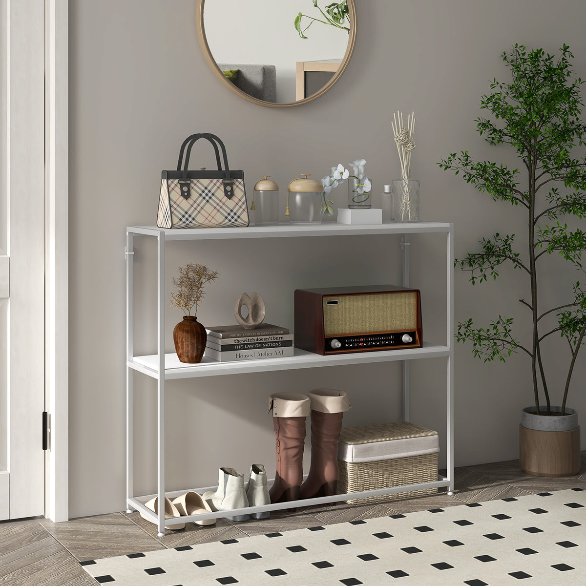 Table console en acier 2 étagères design moderne pour salon entrée couloir 100 x 30 x 87 cm blanc