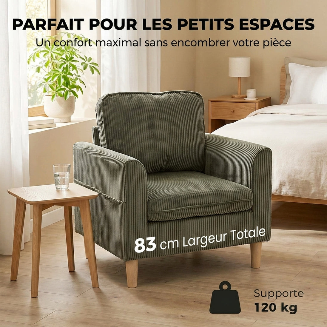 Fauteuil de salon en velours côtelé, canapé 1 place rembourré avec assise large et coussin à ressorts, 83x74x87cm, Vert Aosom