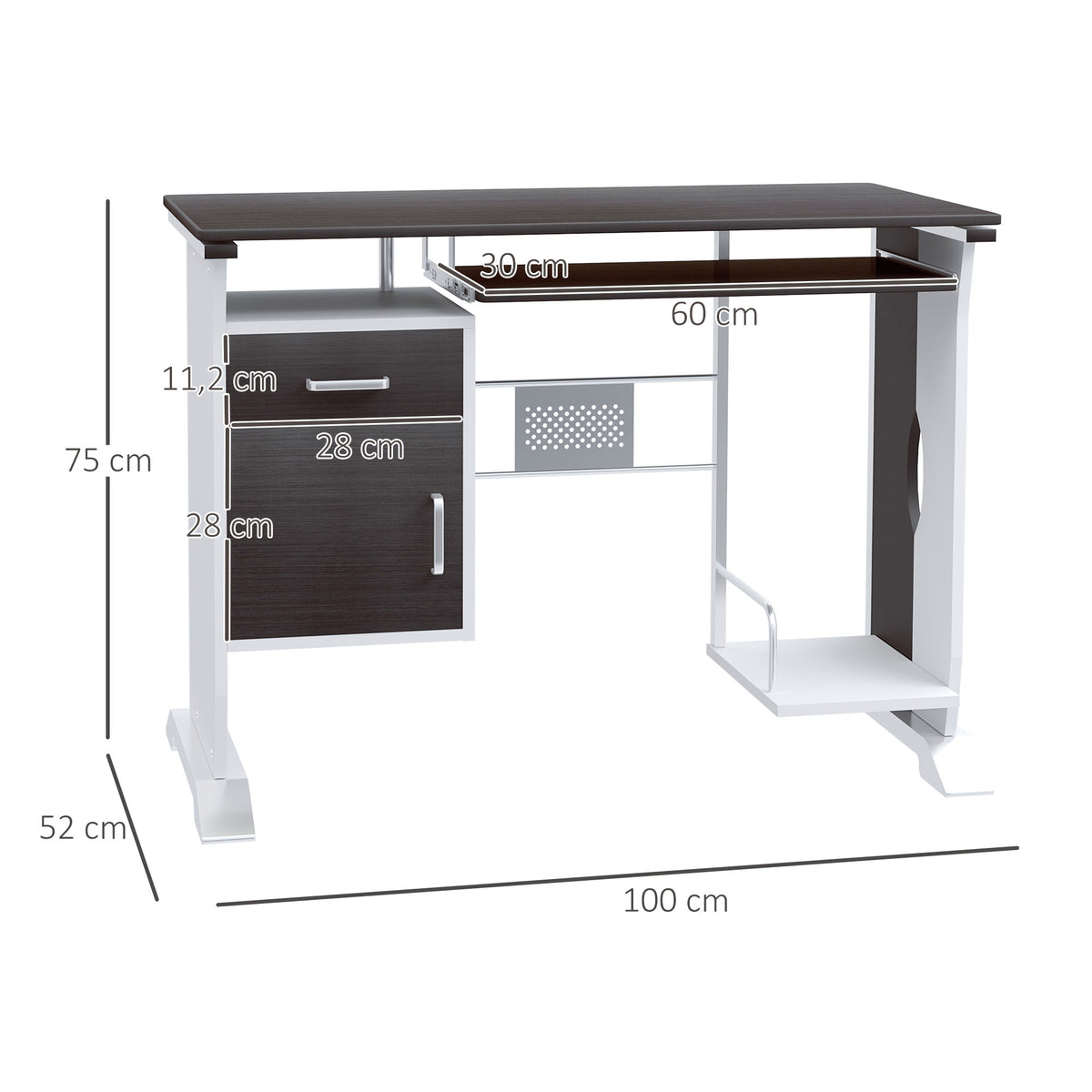 Bureau d'ordinateur, 100 x 52 x 75 cm, bureau avec tablette coulissante pour clavier, tiroirs et support d'unité centrale, table informatique pour étudier noyer foncé et blanc