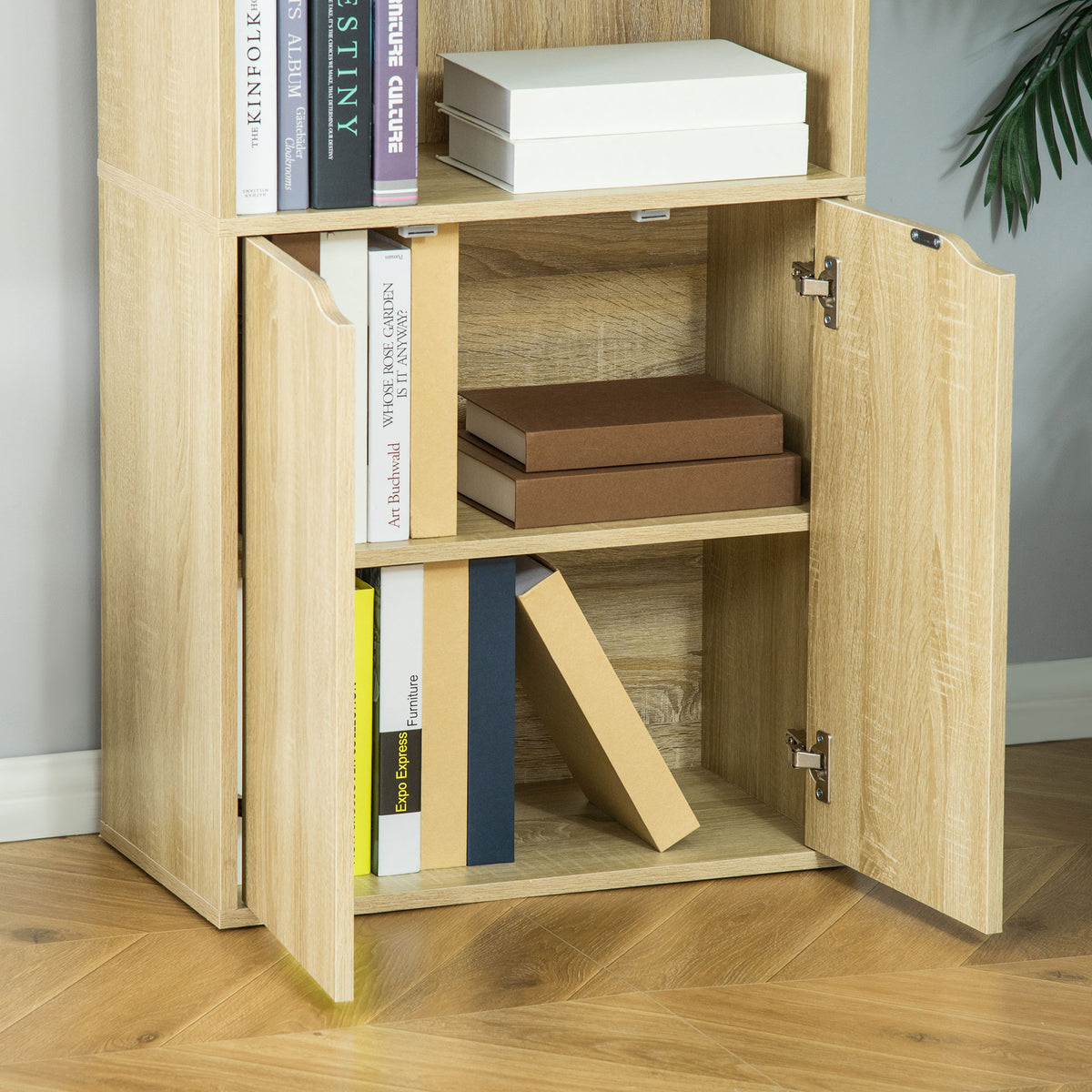 Bibliothèque Armoire à livres avec 4 compartiments ouverts et 2 portes pour le salon et le bureau 59x29x180 cm Bois naturel