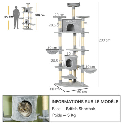 Arbre à chat XXL arbre à grimper pour chat multi-équipements griffoirs 6 plate-formes 2 niches hauteur 200 cm gris
