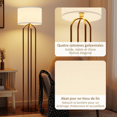 Lampadaire sur pied de salon, lampe sur pied avec abat-jour en lin et interrupteur à pied, Ø 38 x 161 cm, doré et beige