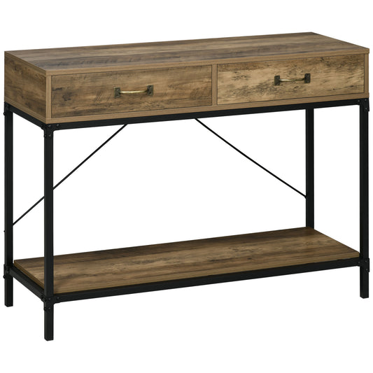 Table Console Table d'appoint d'entrée Industriel dim. 100L x 35l x 76H cm avec 2 tiroirs et 1 plateau Aspect Bois