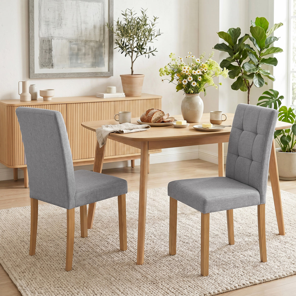Lot de 2 chaises de salle à manger, chaise de cuisine moderne avec siège rembourré en tissu effet lin, gris clair