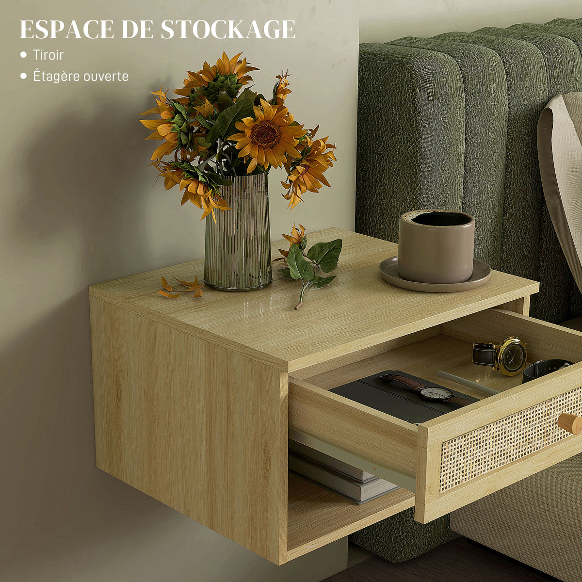 Lot de 2 tables de chevet murales tiroir coulissant, niche, plateau - en bois dim. 40L x 34l x 23H cm